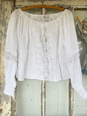 White Lace Peasant Blouse with Crochet Insets Medium